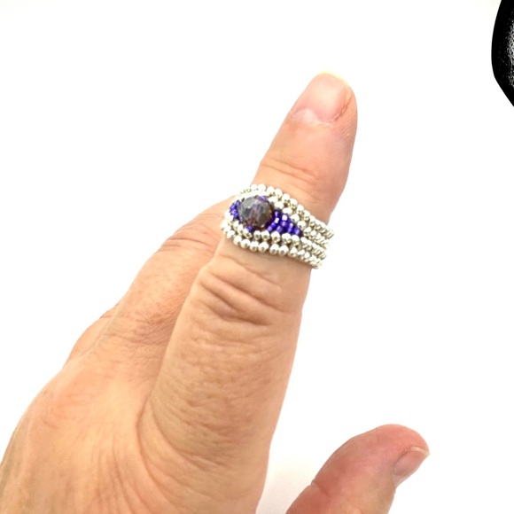 Hand Crafted Beaded Ring Silver and Purple Crystal - Picture 5 of 5